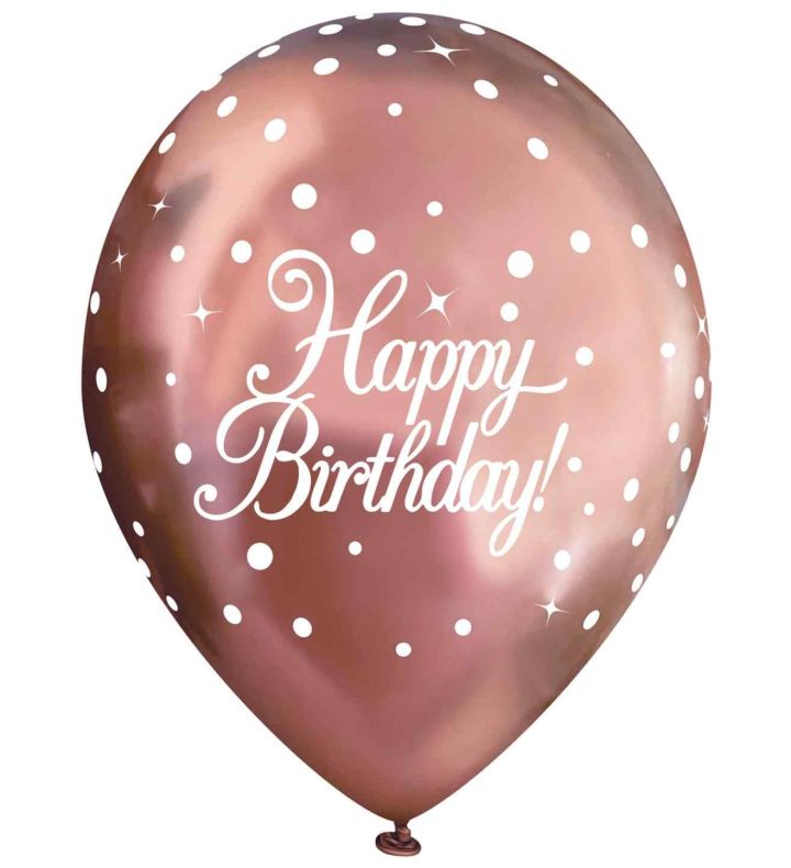 11" Oaktree Latex Balloons Sparkling Fizz Rose Gold Happy Birthday x 6pcs