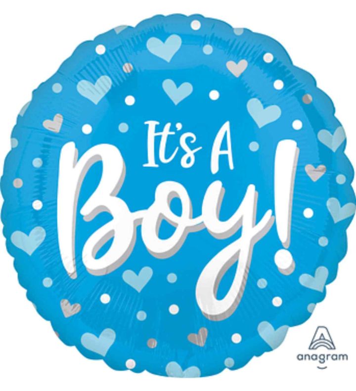 18" It's A Boy Hearts & Dots Round Anagram Foil Balloon