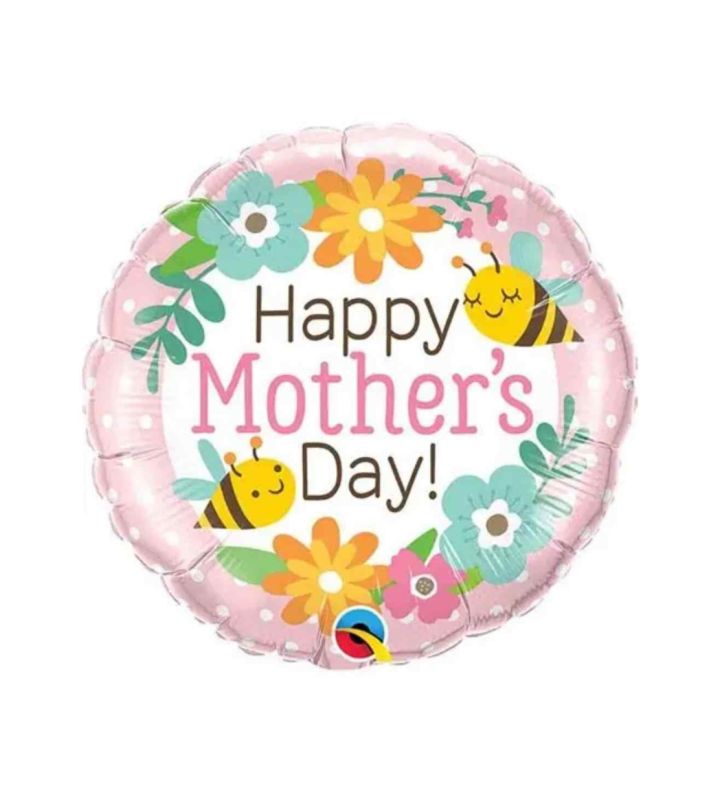 18" Happy Mother's Day Pastel Bees and Flowers Round Foil Balloon