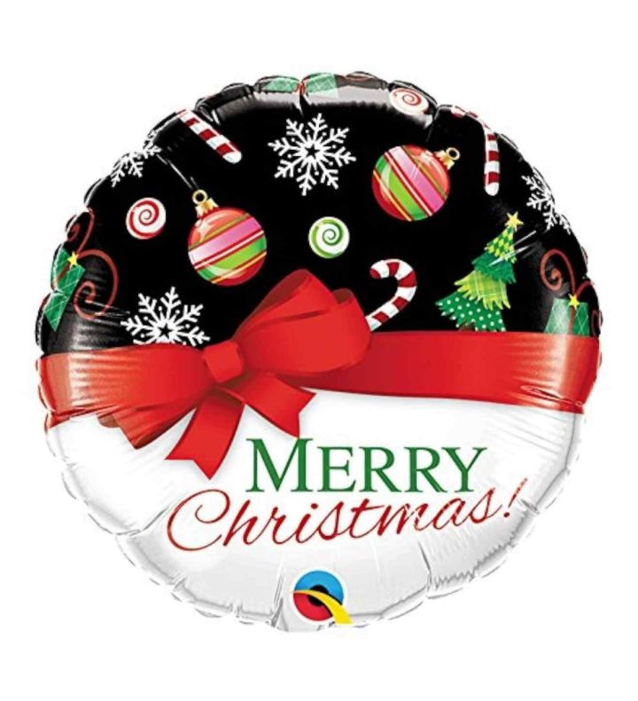 18" Merry Christmas Red Bow and Icons Black and White Round Foil Balloon