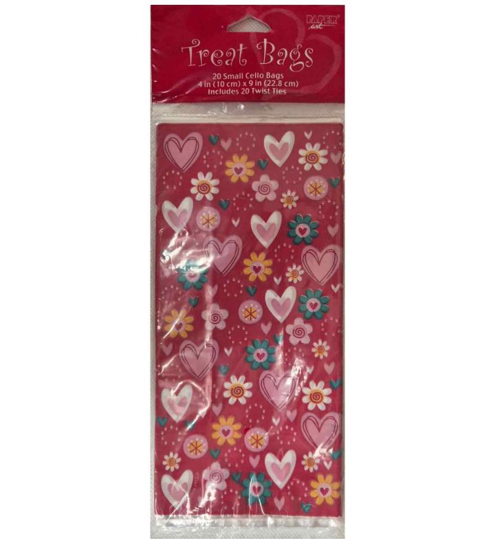 20 Heart & Flowers Cello Bags 10cm x 22 cm