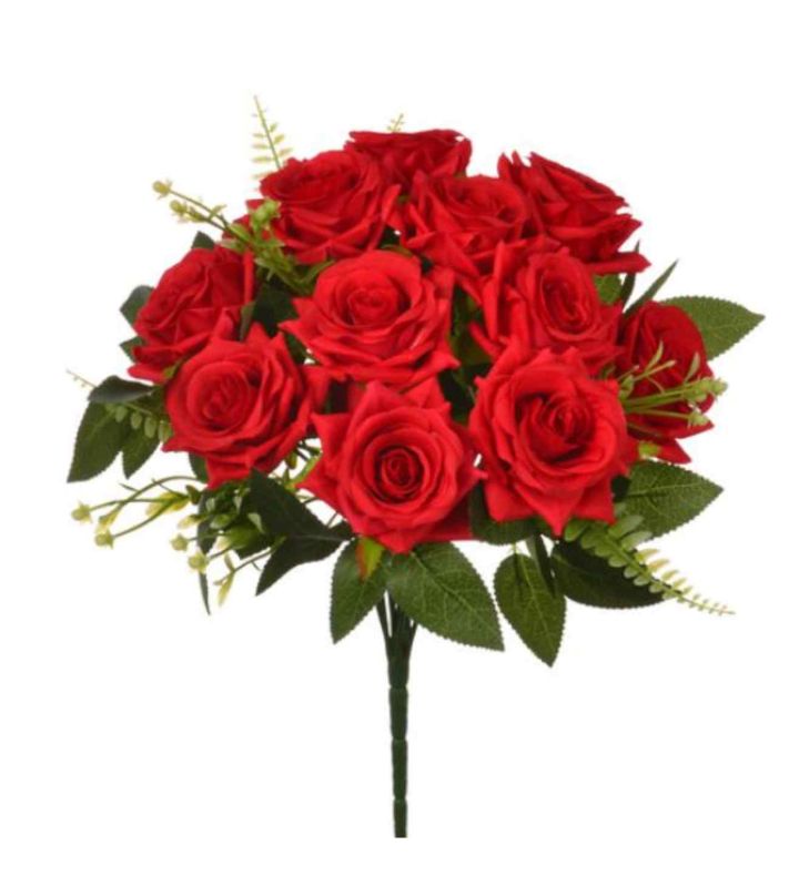 36cm Diamond Rose Bush with Fern Red