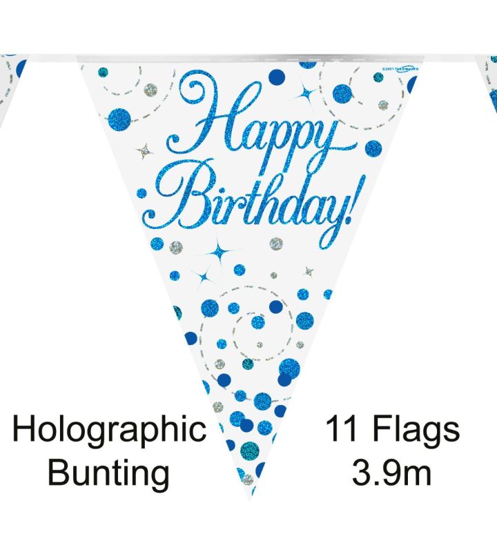 3.9m Oaktree Happy Birthday Blue Holographic Bunting