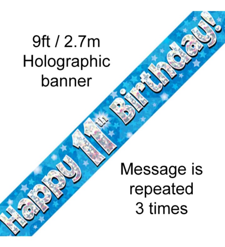 9ft Oaktree Happy 11th Birthday Blue Holo Banner