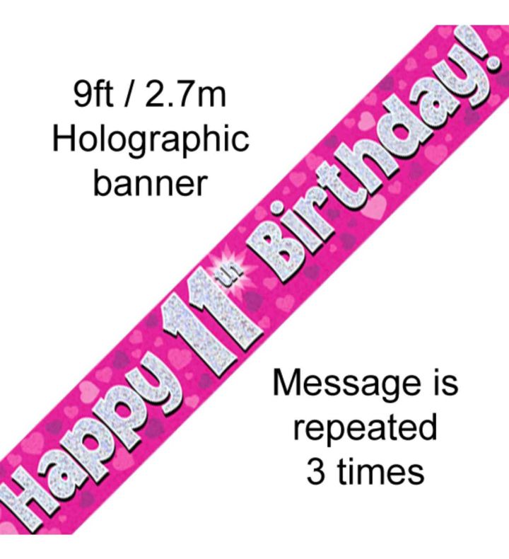 9ft Oaktree Happy 11th Birthday Pink Holo Banner