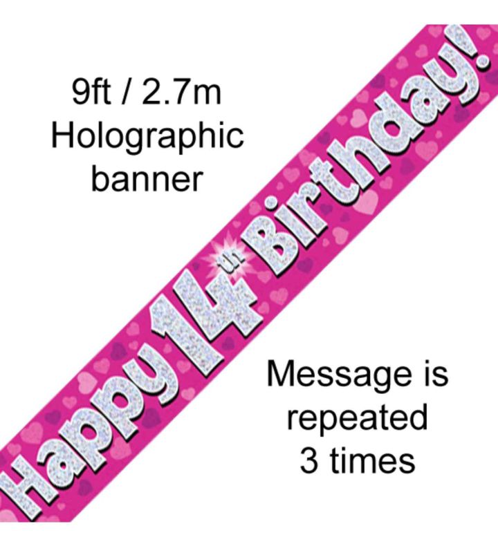 9ft Oaktree Happy 14th Birthday Pink Holo Banner