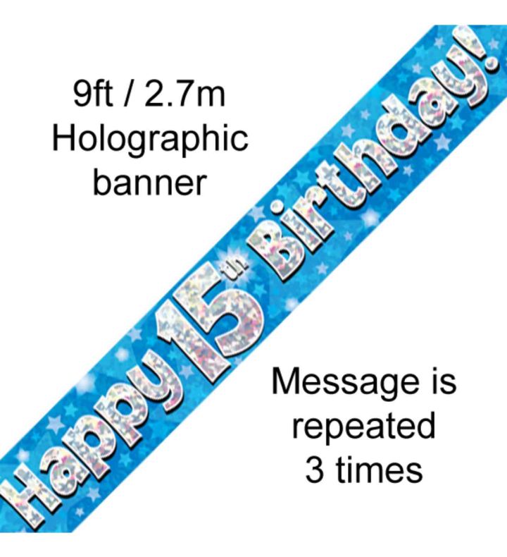 9ft Oaktree Happy 15th Birthday Blue Holo Banner