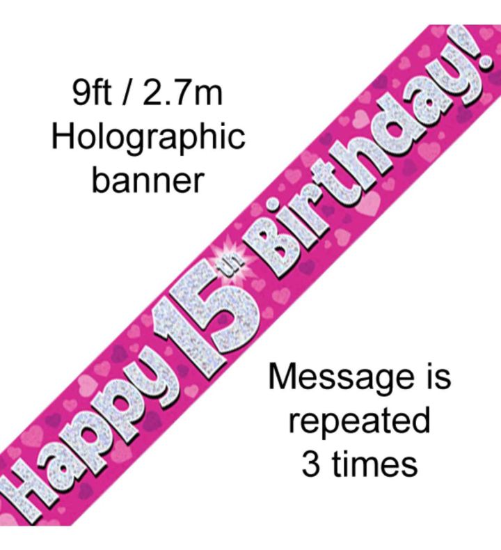 9ft Oaktree Happy 15th Birthday Pink Holo Banner