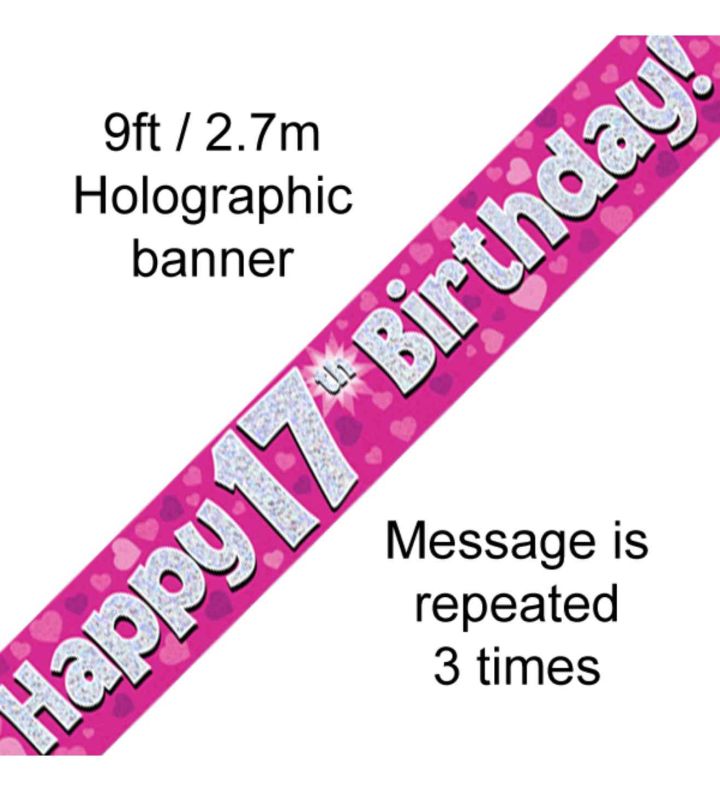 9ft Oaktree Happy 17th Birthday Pink Holo Banner