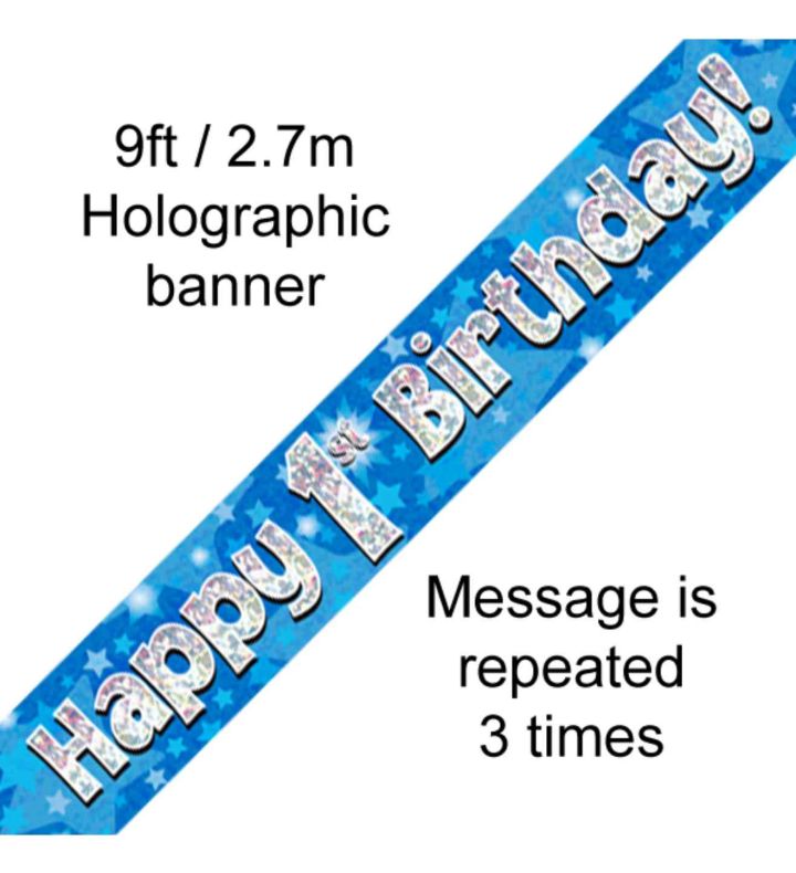 9ft Oaktree Happy 1st Birthday Blue Holo Banner