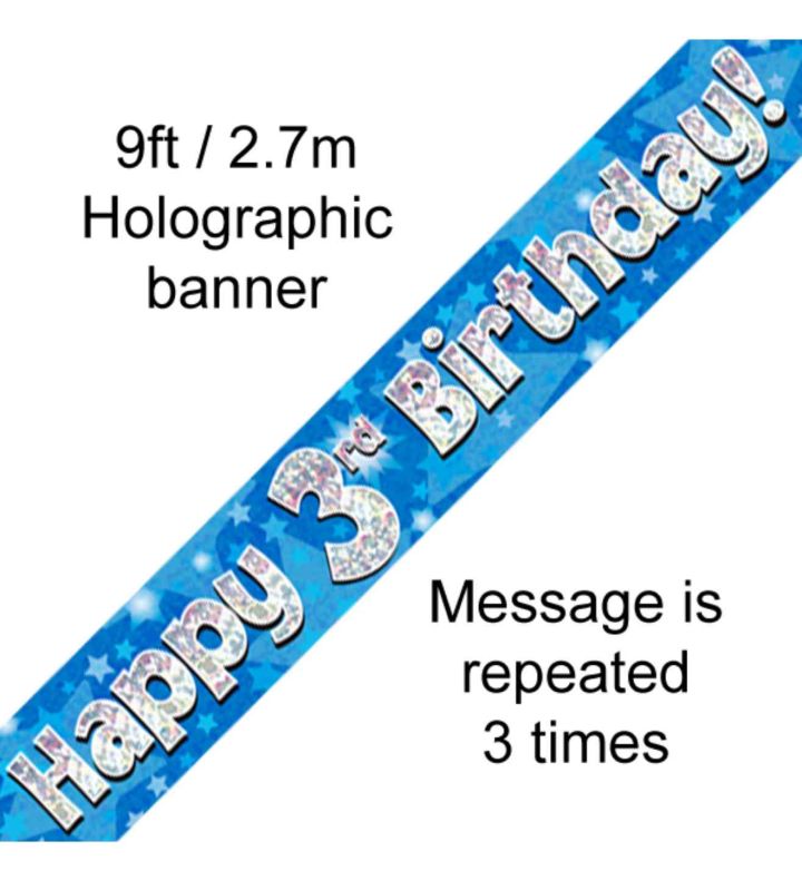 9ft Oaktree Happy 3rd Birthday Blue Holo Banner