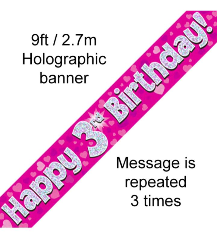 9ft Oaktree Happy 3rd Birthday Pink Holo Banner