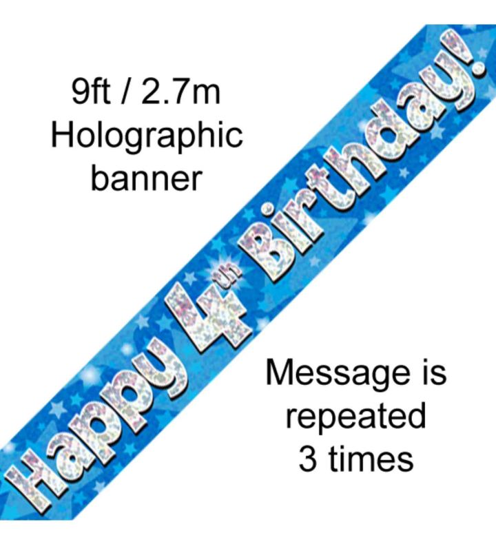 9ft Oaktree Happy 4th Birthday Blue Holo Banner