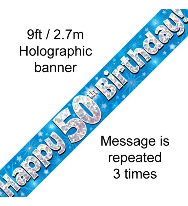 9ft Oaktree Happy 50th Birthday Blue Holo Banner