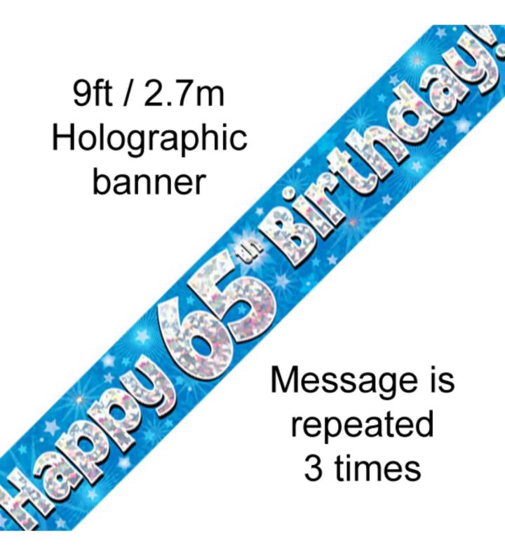 9ft Oaktree Happy 65th Birthday Blue Holo Banner