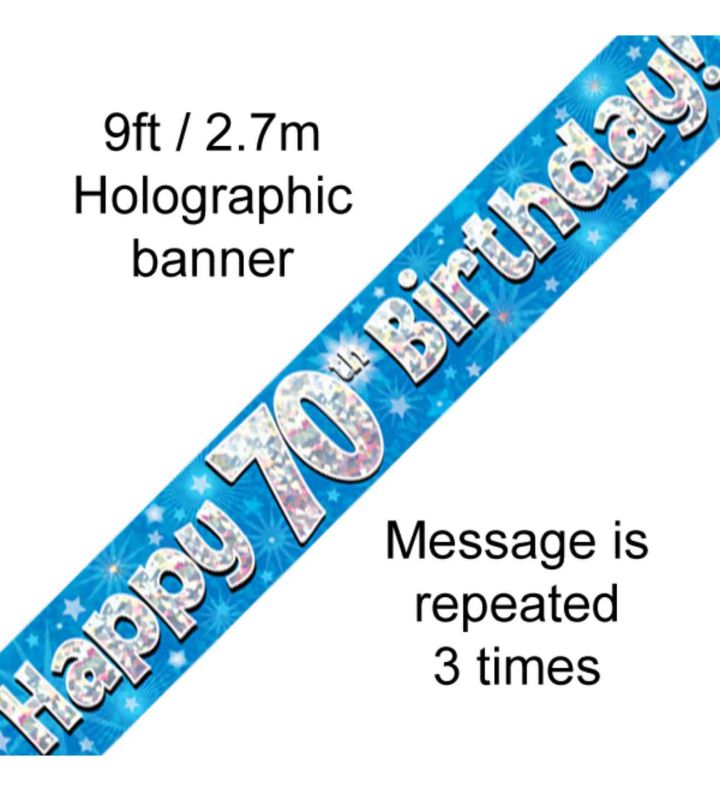 9ft Oaktree Happy 70th Birthday Blue Holo Banner