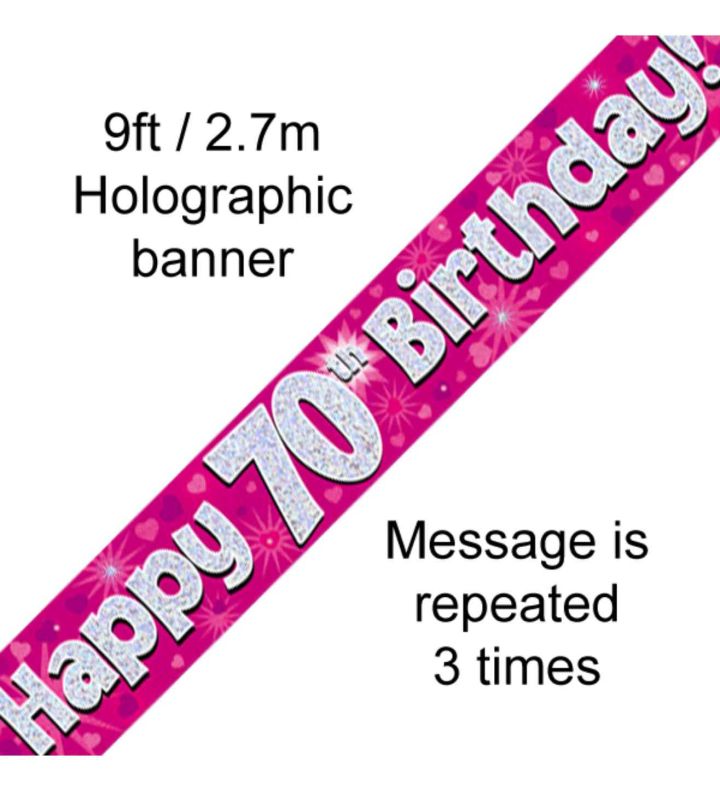 9ft Oaktree Happy 70th Birthday Pink Holo Banner