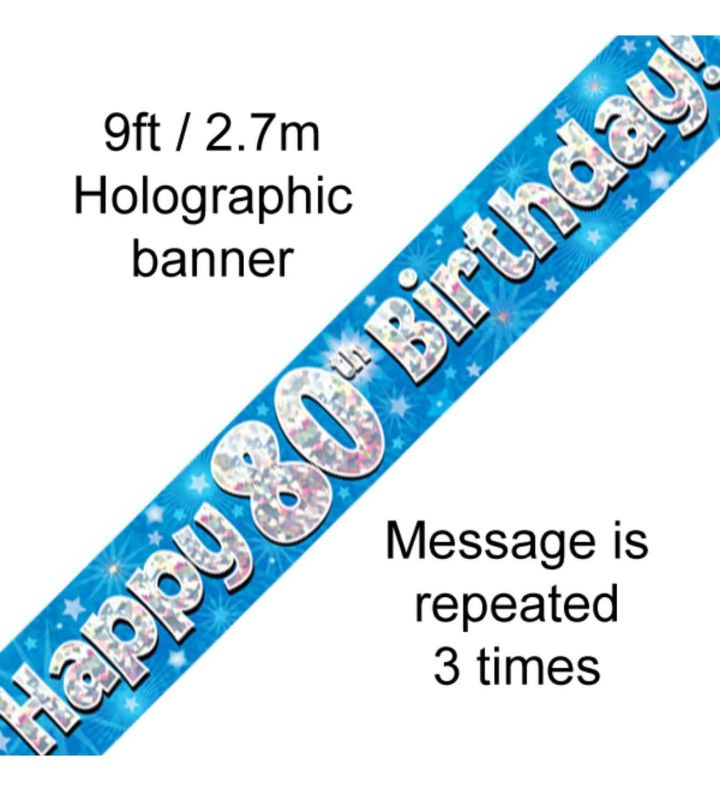 9ft Oaktree Happy 80th Birthday Blue Holo Banner