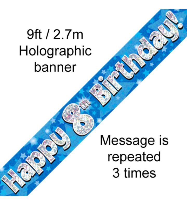 9ft Oaktree Happy 8th Birthday Blue Holo Banner