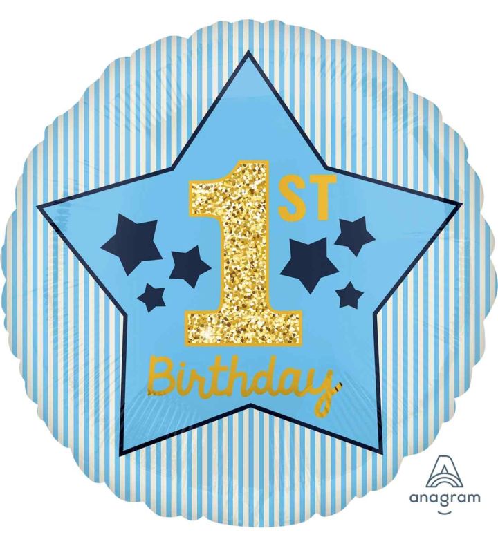 18" 1st Birthday Boy Blue & Gold Foil Balloon
