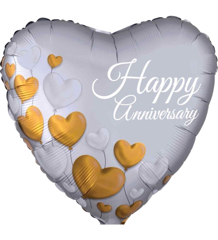 18" Anniversary Platinum Hearts Satin Foil Balloon