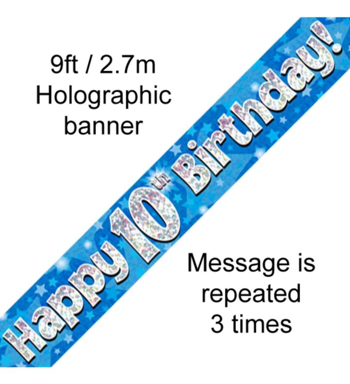 9ft Oaktree Happy 10th Birthday Blue Holo Banner