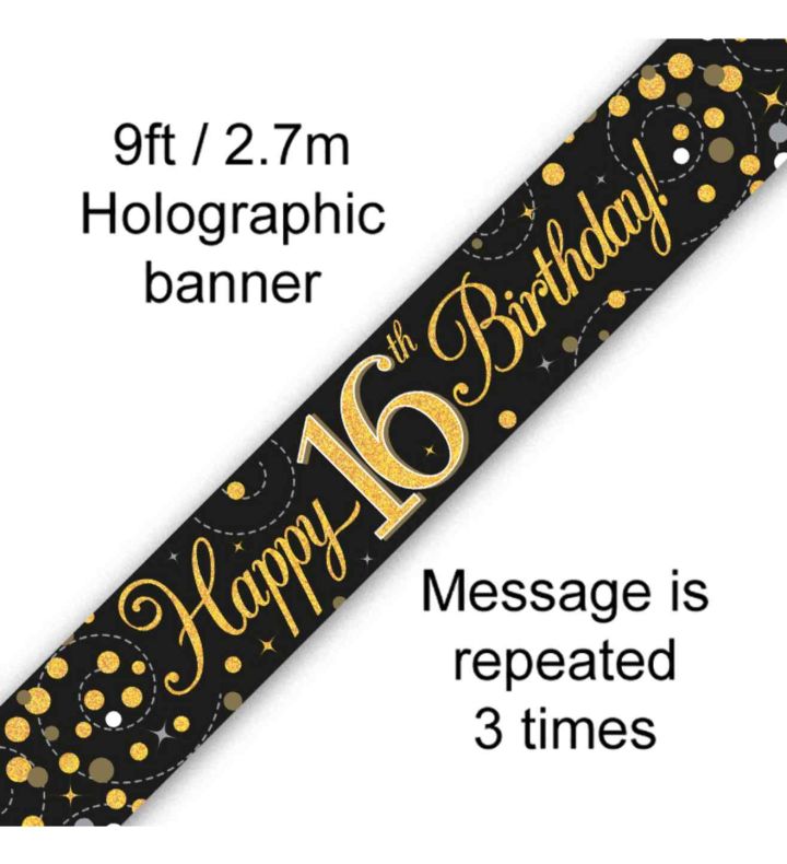 9ft Oaktree 'Happy 16th Birthday' Black & Gold Holo Banner