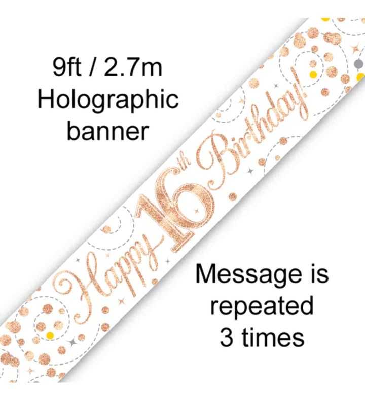 9ft Oaktree 'Happy 16th Birthday' White & Rose Gold Holo Banner