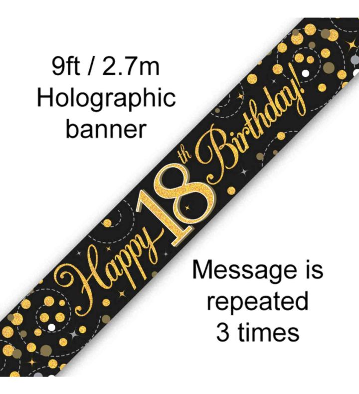 9ft Oaktree 'Happy 18th Birthday' Black & Gold Holo Banner