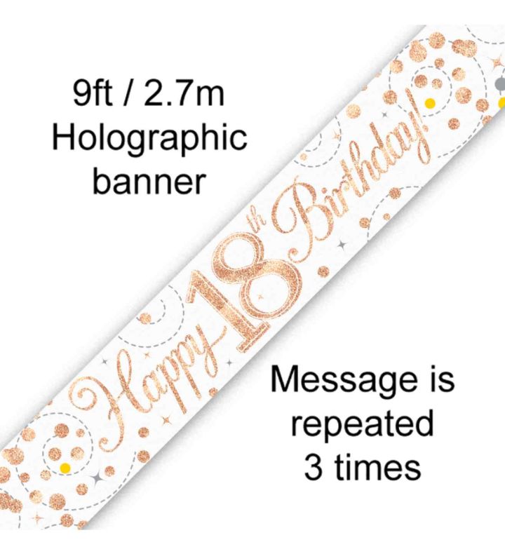 9ft Oaktree 'Happy 18th Birthday' White & Rose Gold Holo Banner