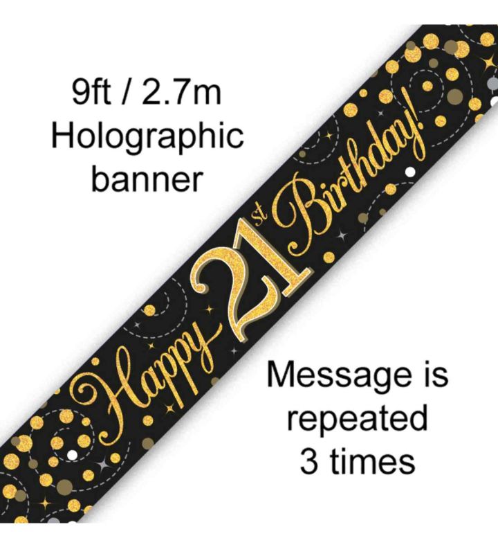 9ft Oaktree 'Happy 21st Birthday' Black & Gold Holo Banner