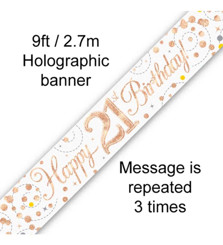 9ft Oaktree 'Happy 21st Birthday' White & Rose Gold Holo Banner