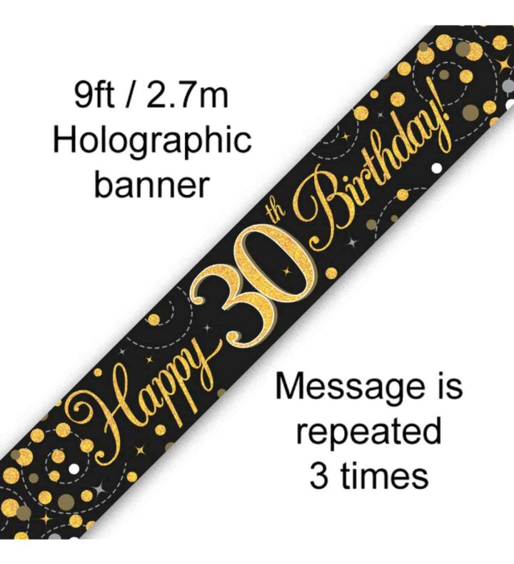 9ft Oaktree 'Happy 30th Birthday' Black & Gold Holo Banner
