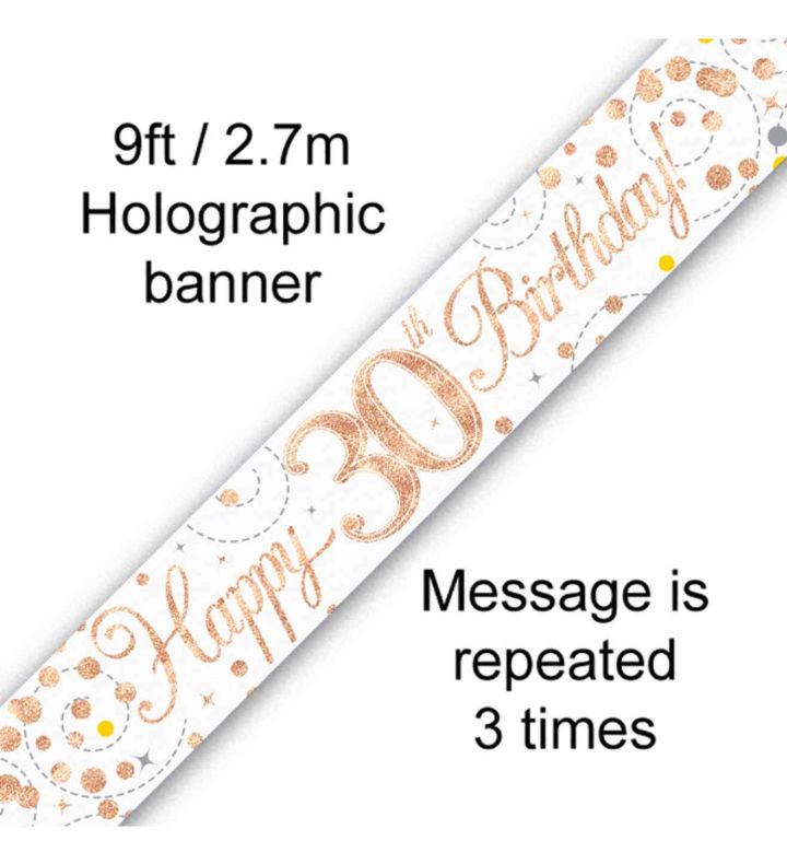 9ft Oaktree 'Happy 30th Birthday' White & Rose Gold Holo Banner