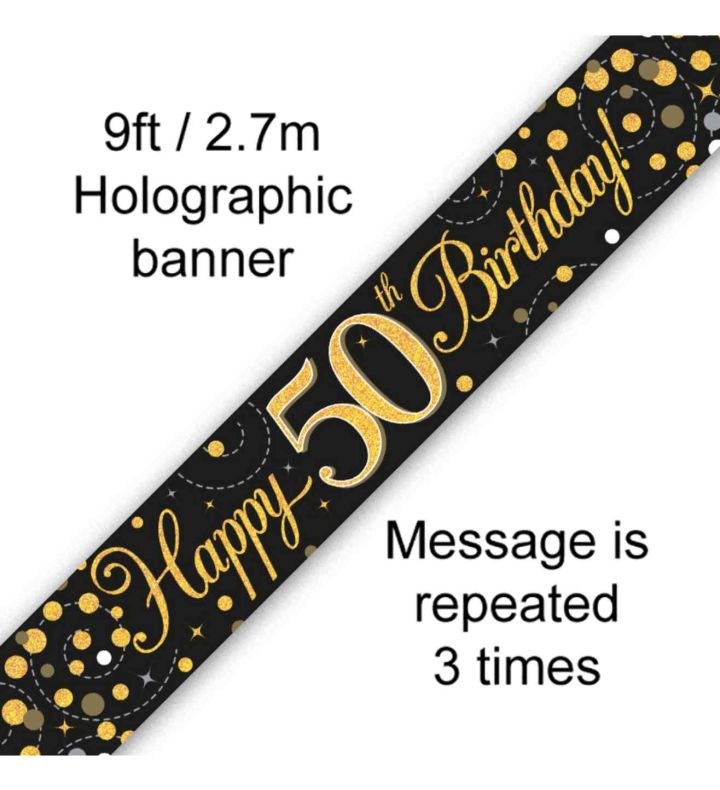 9ft Oaktree 'Happy 50th Birthday' Black & Gold Holo Banner