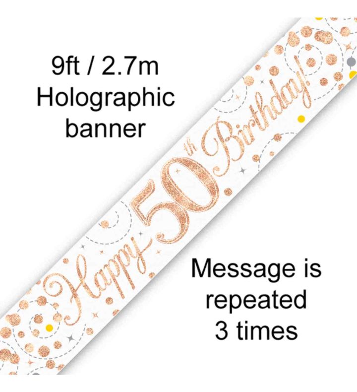 9ft Oaktree 'Happy 50th Birthday' White & Rose Gold Holo Banner
