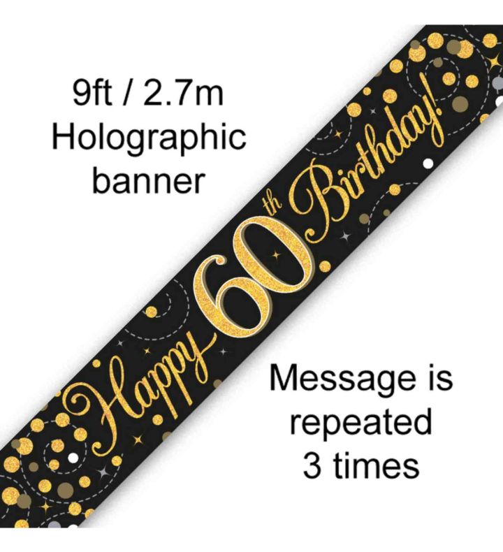 9ft Oaktree 'Happy 60th Birthday' Black & Gold Holo Banner