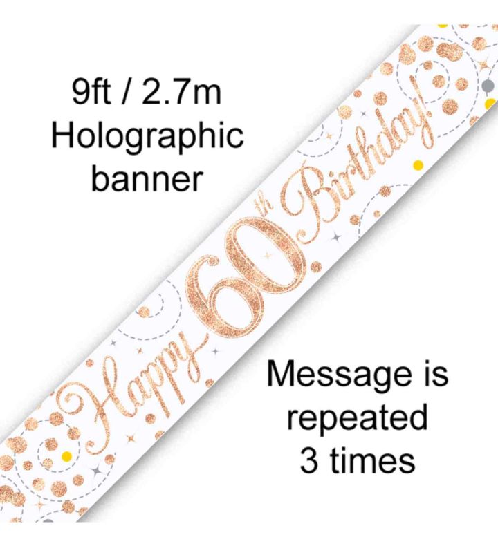 9ft Oaktree 'Happy 60th Birthday' White & Rose Gold Holo Banner