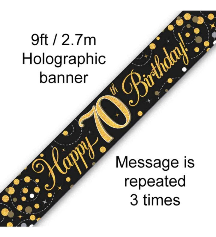 9ft Oaktree 'Happy 70th Birthday' Black & Gold Holo Banner