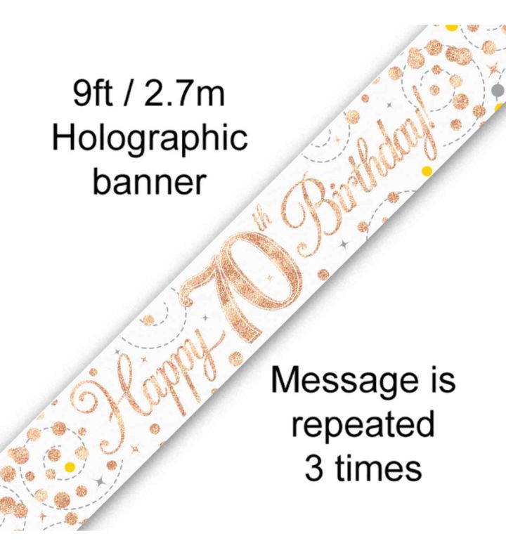 9ft Oaktree 'Happy 70th Birthday' White & Rose Gold Holo Banner