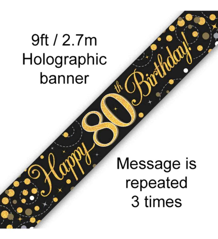 9ft Oaktree 'Happy 80th Birthday' Black & Gold Holo Banner