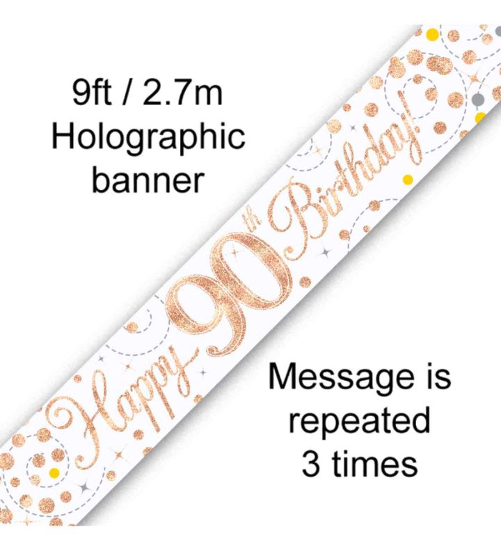 9ft Oaktree 'Happy 90th Birthday' White & Rose Gold Holo Banner