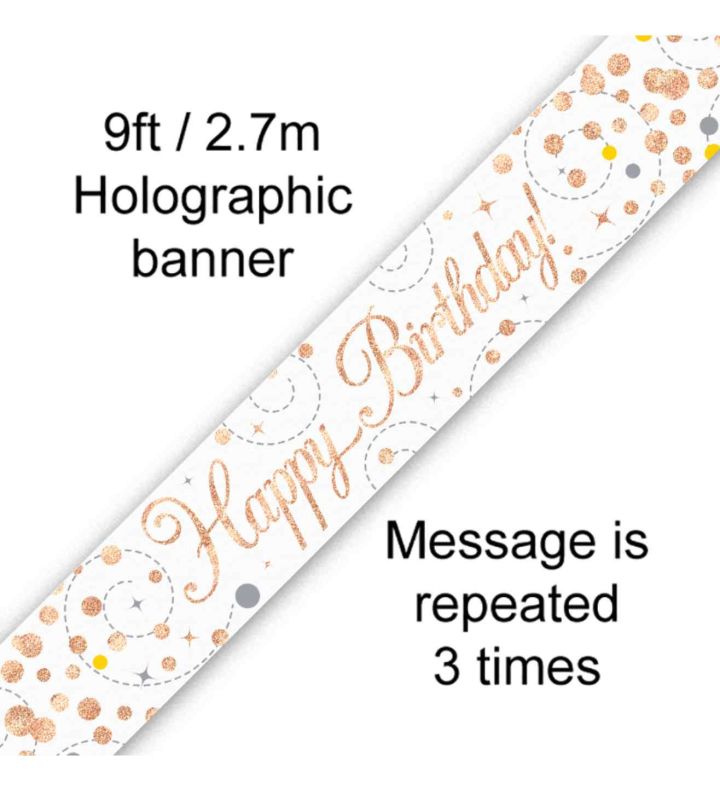 9ft Oaktree 'Happy Birthday' White & Rose Gold Holo Banner