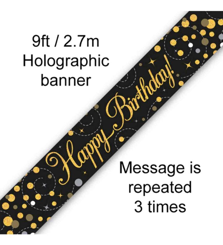 9ft Oaktree 'Happy Birthday' Black & Gold Holo Banner