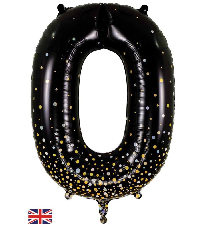34" Oaktree Sparkling Fizz Black Gold Number 0 Foil Balloon