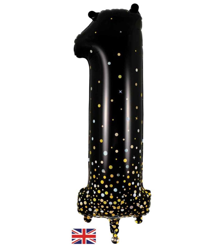 34" Oaktree Sparkling Fizz Black Gold Number 1 Foil Balloon