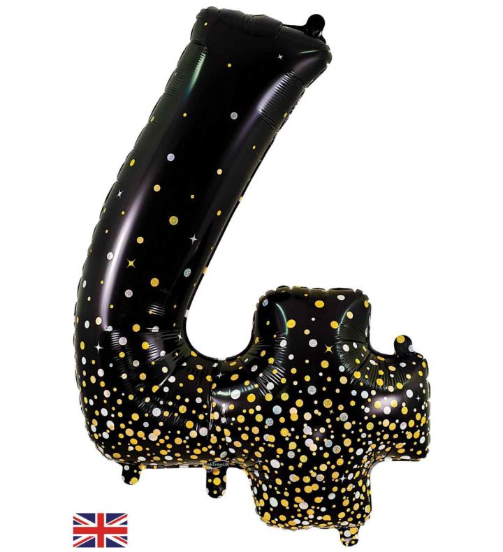 34" Oaktree Sparkling Fizz Black Gold Number 4 Foil Balloon