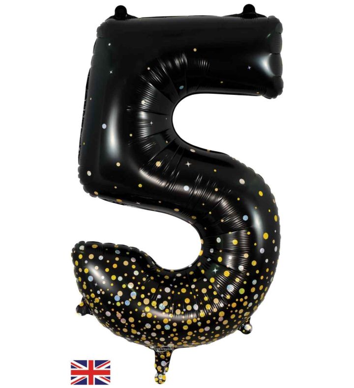 34" Oaktree Sparkling Fizz Black Gold Number 5 Foil Balloon