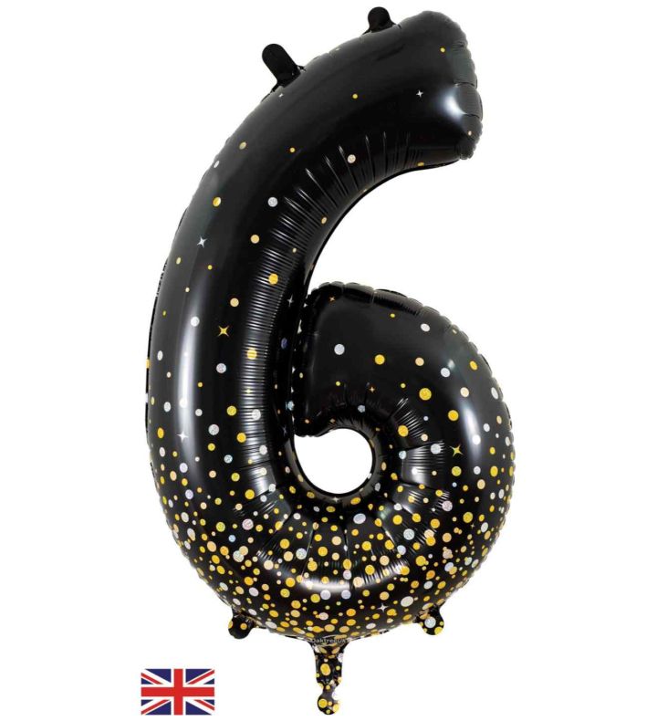 34" Oaktree Sparkling Fizz Black Gold Number 6 Foil Balloon