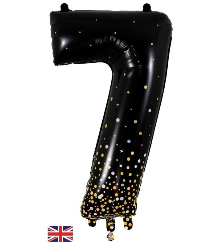 34" Oaktree Sparkling Fizz Black Gold Number 7 Foil Balloon